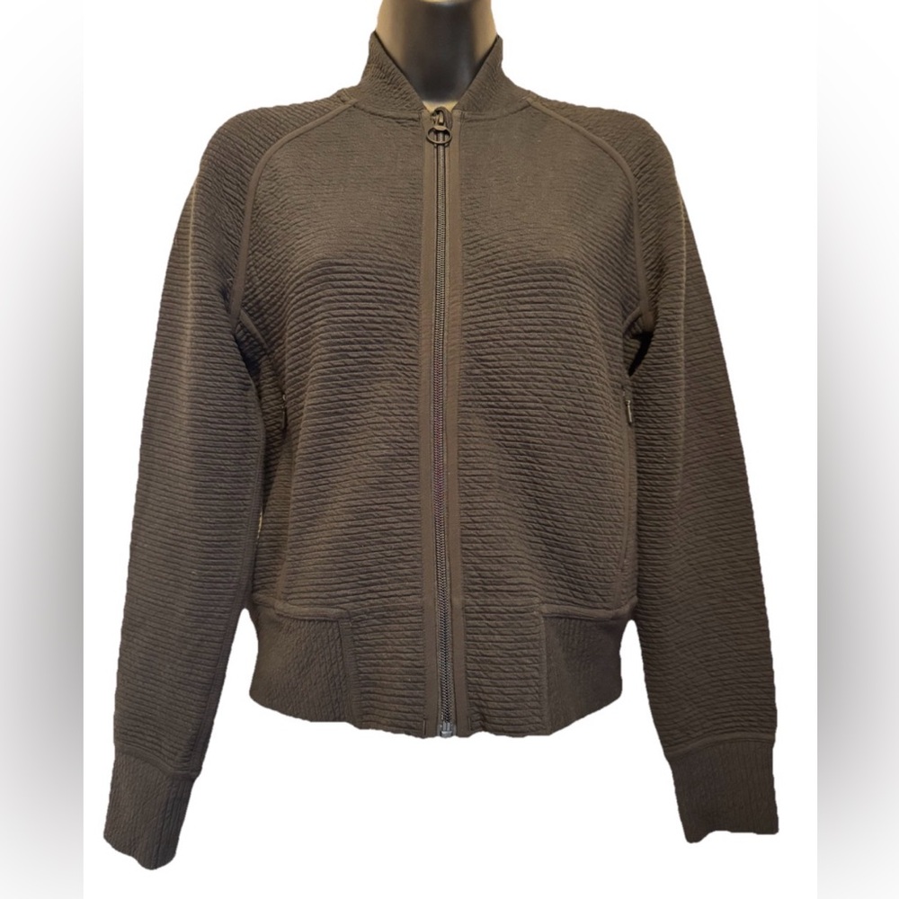 Lulumon Black On Repeat Horizontal Ribbed Zip Up Cotton Blend Bomber Jacket